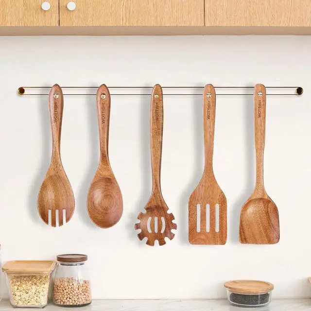 Alt view image 7 of 7 - Wooden Spoons for Cooking - 5-Piece Wooden Kitchen Utensil Set made of Natural Solid Wood Material - Includes Salad Spoons, Spaghetti Spoon, Salad Fork, Flat Spatula,Slotted Spatula(A05)