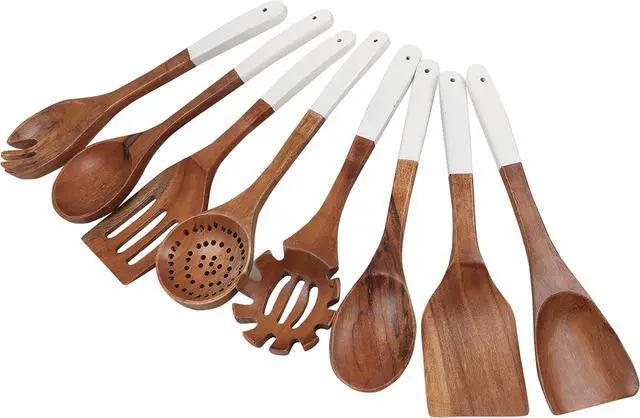 Main image of Wooden utensils for cooking set of 8, Natural Acacia Wood spoons and spatula set, Non-stick, Durable, Eco- friendly and safe kitchen cooking spoon | white handles | 12 inch each