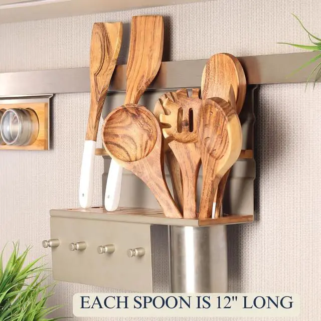 Alt view image 2 of 6 - Wooden utensils for cooking set of 8, Natural Acacia Wood spoons and spatula set, Non-stick, Durable, Eco- friendly and safe kitchen cooking spoon | white handles | 12 inch each