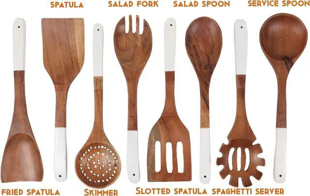 Alt view image 4 of 6 - Wooden utensils for cooking set of 8, Natural Acacia Wood spoons and spatula set, Non-stick, Durable, Eco- friendly and safe kitchen cooking spoon | white handles | 12 inch each