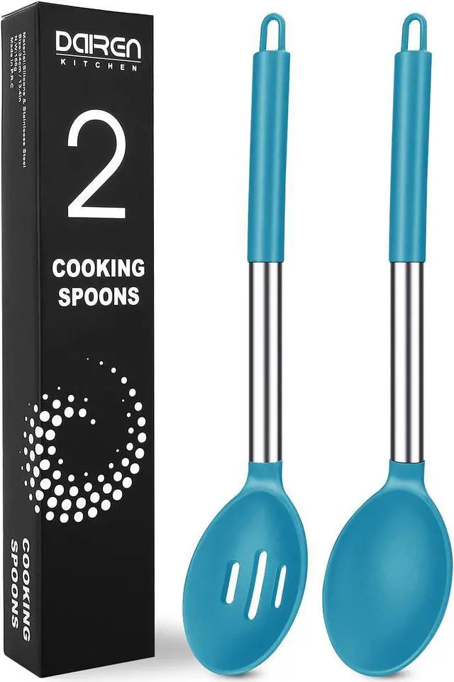 Main image of Pack of 2 Large Silicone Cooking Spoons, Non-Stick Stainless Steel Slotted and Solid Spoon Set for Serving, Mixing, Draining, Heat Resistant, Scratch Resistant and BPA Free Kitchen Scoops (Blue)