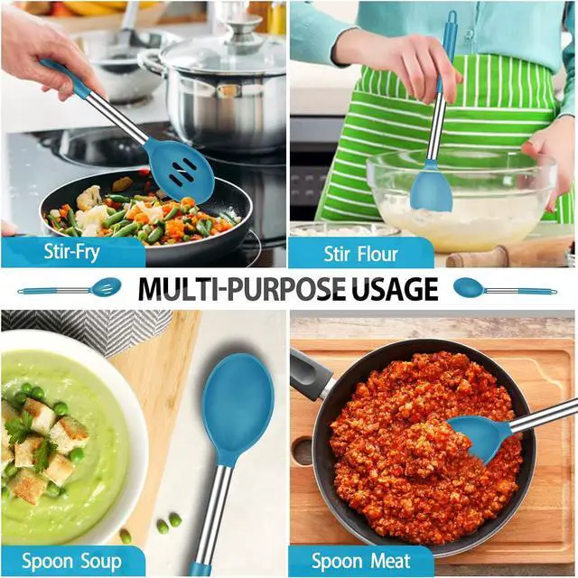 Alt view image 4 of 7 - Pack of 2 Large Silicone Cooking Spoons, Non-Stick Stainless Steel Slotted and Solid Spoon Set for Serving, Mixing, Draining, Heat Resistant, Scratch Resistant and BPA Free Kitchen Scoops (Blue)