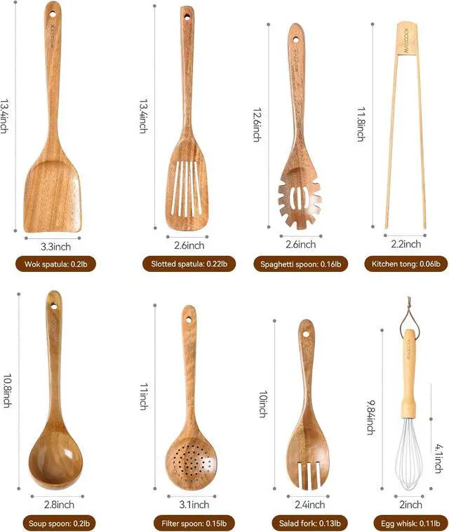 Alt view image 2 of 7 - Wooden Spoons for Cooking,8 Pcs Teak Wooden Kitchen Utensils Set,Natural Acacia Wood Non-stick Spatula Cooking Spoons,Lightweight, Convenient, Easy to Wash Cooking Utensil set Wood Whisk