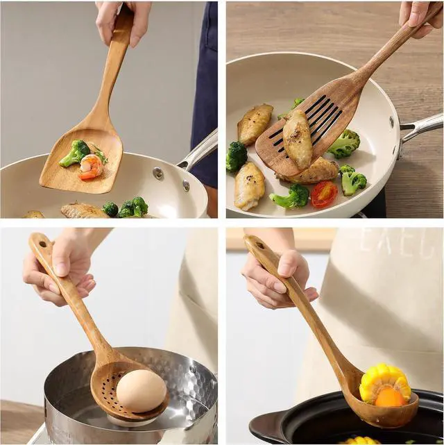 Alt view image 3 of 7 - Wooden Spoons for Cooking,8 Pcs Teak Wooden Kitchen Utensils Set,Natural Acacia Wood Non-stick Spatula Cooking Spoons,Lightweight, Convenient, Easy to Wash Cooking Utensil set Wood Whisk