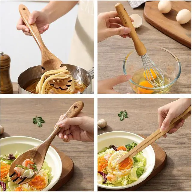 Alt view image 4 of 7 - Wooden Spoons for Cooking,8 Pcs Teak Wooden Kitchen Utensils Set,Natural Acacia Wood Non-stick Spatula Cooking Spoons,Lightweight, Convenient, Easy to Wash Cooking Utensil set Wood Whisk