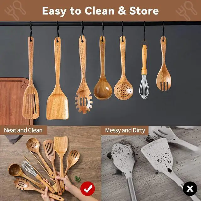 Alt view image 6 of 7 - Wooden Spoons for Cooking,8 Pcs Teak Wooden Kitchen Utensils Set,Natural Acacia Wood Non-stick Spatula Cooking Spoons,Lightweight, Convenient, Easy to Wash Cooking Utensil set Wood Whisk