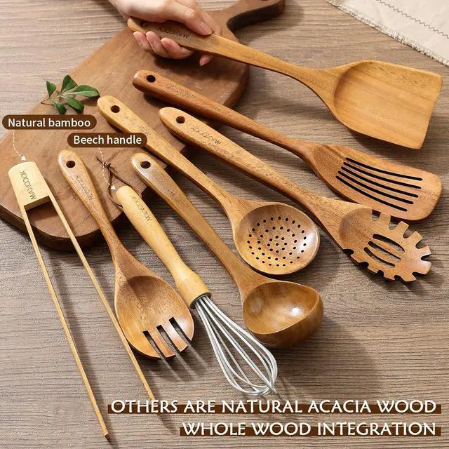 Alt view image 7 of 7 - Wooden Spoons for Cooking,8 Pcs Teak Wooden Kitchen Utensils Set,Natural Acacia Wood Non-stick Spatula Cooking Spoons,Lightweight, Convenient, Easy to Wash Cooking Utensil set Wood Whisk