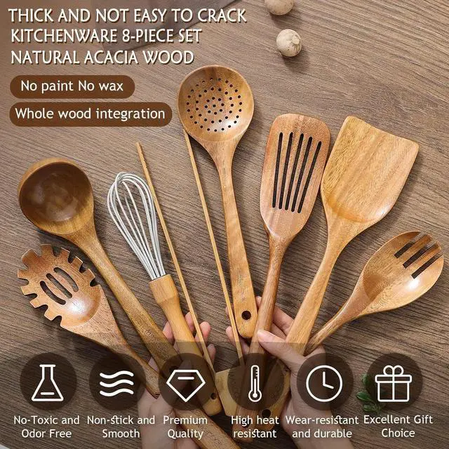 Alt view image 5 of 7 - Wooden Spoons for Cooking,8 Pcs Teak Wooden Kitchen Utensils Set,Natural Acacia Wood Non-stick Spatula Cooking Spoons,Lightweight, Convenient, Easy to Wash Cooking Utensil set Wood Whisk