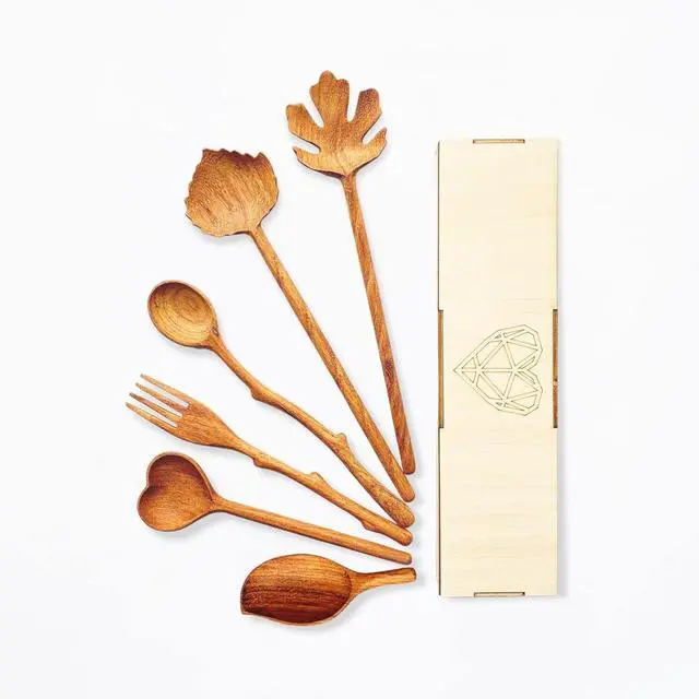 Main image of Natural Wooden Spoons and Forks Set (Set of 6), Hostess Gifts for Women, Couple, Mother's Day Ideas for Mom, Kitchen Cottagecore, Handmade Cooking Gift Ideas