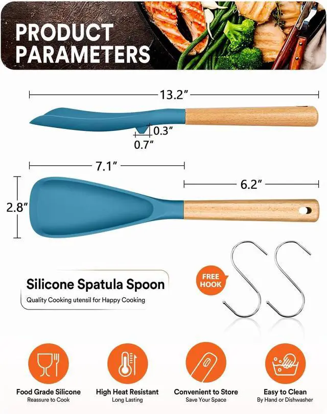 Alt view image 2 of 7 - Cooking Spoon for Nonstick Cookwares, Great for Cooking and Serving Sturdy BPA-Free Matte Silicone, Wood Handle Spoon for Mixing, Scoop, and Scrape (Khaki & Turquoise, 13.4 inch)