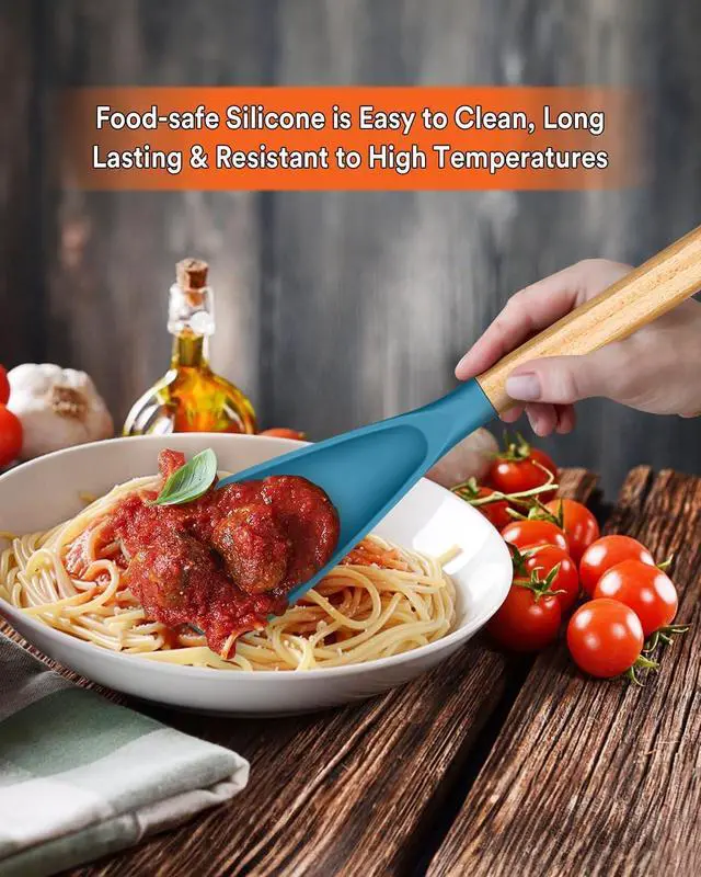 Alt view image 3 of 7 - Cooking Spoon for Nonstick Cookwares, Great for Cooking and Serving Sturdy BPA-Free Matte Silicone, Wood Handle Spoon for Mixing, Scoop, and Scrape (Khaki & Turquoise, 13.4 inch)