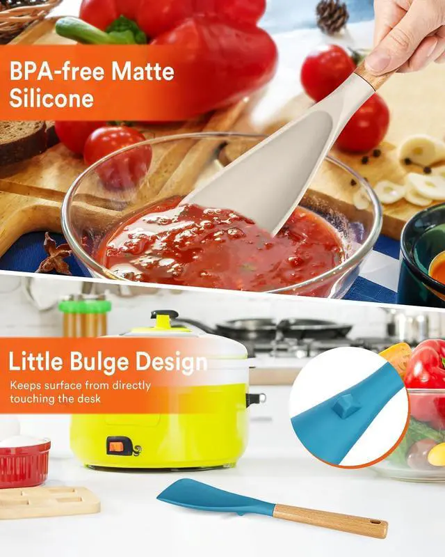 Alt view image 5 of 7 - Cooking Spoon for Nonstick Cookwares, Great for Cooking and Serving Sturdy BPA-Free Matte Silicone, Wood Handle Spoon for Mixing, Scoop, and Scrape (Khaki & Turquoise, 13.4 inch)