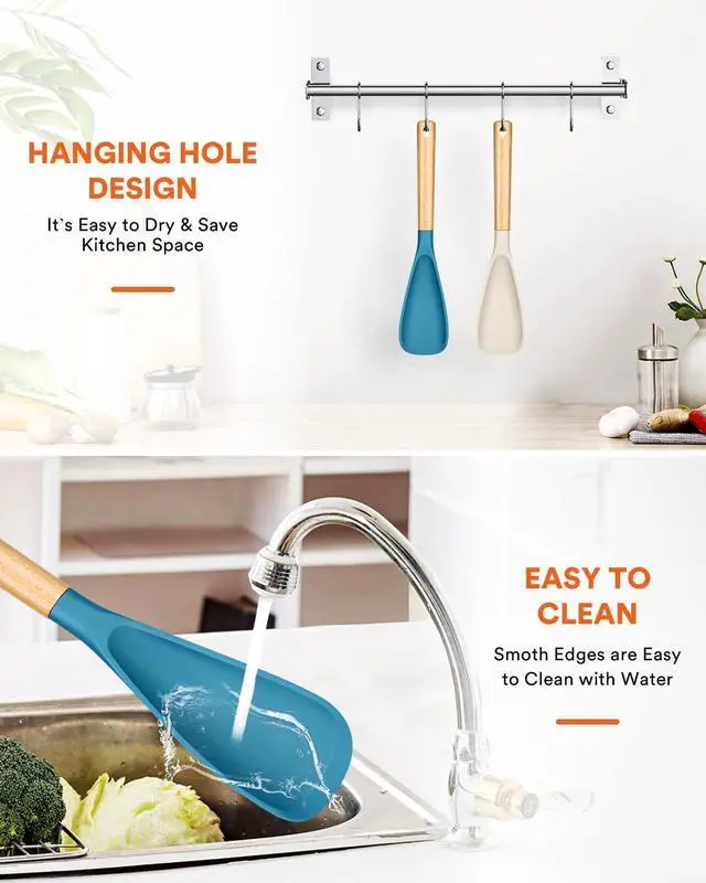 Alt view image 7 of 7 - Cooking Spoon for Nonstick Cookwares, Great for Cooking and Serving Sturdy BPA-Free Matte Silicone, Wood Handle Spoon for Mixing, Scoop, and Scrape (Khaki & Turquoise, 13.4 inch)