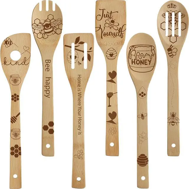 Main image of Sawysine 6 Pcs Bee Wooden Spoons Set Honey Themed Cooking Utensil Spoon Spatula Set Bee Kitchen Decor for Women Housewarming Wedding Grandma Kitchen Gifts