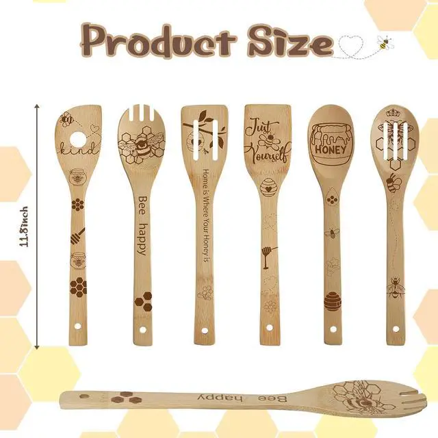 Alt view image 2 of 7 - Sawysine 6 Pcs Bee Wooden Spoons Set Honey Themed Cooking Utensil Spoon Spatula Set Bee Kitchen Decor for Women Housewarming Wedding Grandma Kitchen Gifts