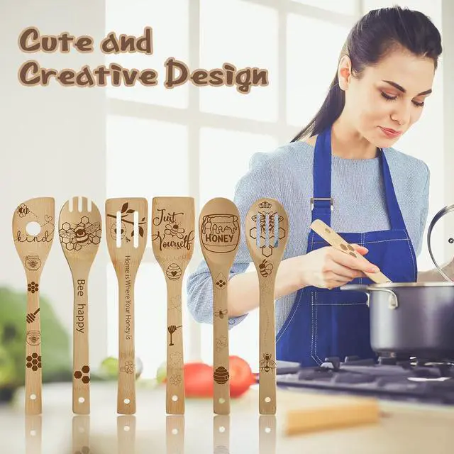 Alt view image 3 of 7 - Sawysine 6 Pcs Bee Wooden Spoons Set Honey Themed Cooking Utensil Spoon Spatula Set Bee Kitchen Decor for Women Housewarming Wedding Grandma Kitchen Gifts