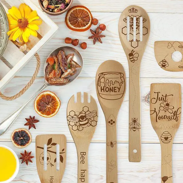 Alt view image 5 of 7 - Sawysine 6 Pcs Bee Wooden Spoons Set Honey Themed Cooking Utensil Spoon Spatula Set Bee Kitchen Decor for Women Housewarming Wedding Grandma Kitchen Gifts