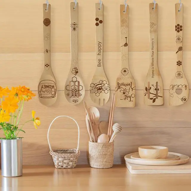 Alt view image 7 of 7 - Sawysine 6 Pcs Bee Wooden Spoons Set Honey Themed Cooking Utensil Spoon Spatula Set Bee Kitchen Decor for Women Housewarming Wedding Grandma Kitchen Gifts