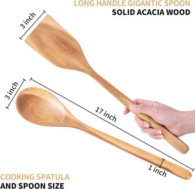 Alt view image 2 of 6 - 2PCS Long Handle Gigantic Spatula Spoon Premium Acacia Wooden Spoons For Cooking 17''Large Soliod Wooden Cooking Spoons Smooth Finish in Large Style Cooking Kitchen Utensil Set