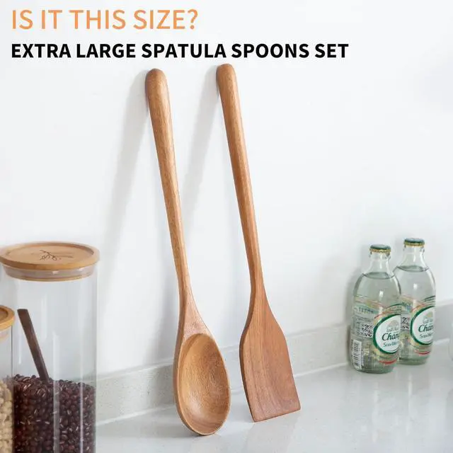 Alt view image 3 of 6 - 2PCS Long Handle Gigantic Spatula Spoon Premium Acacia Wooden Spoons For Cooking 17''Large Soliod Wooden Cooking Spoons Smooth Finish in Large Style Cooking Kitchen Utensil Set