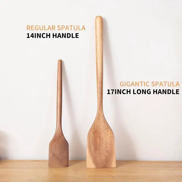 Alt view image 4 of 6 - 2PCS Long Handle Gigantic Spatula Spoon Premium Acacia Wooden Spoons For Cooking 17''Large Soliod Wooden Cooking Spoons Smooth Finish in Large Style Cooking Kitchen Utensil Set