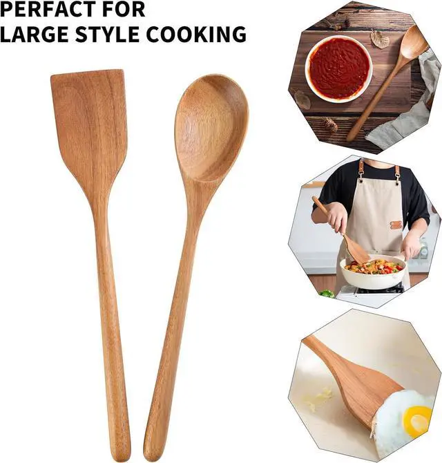 Alt view image 5 of 6 - 2PCS Long Handle Gigantic Spatula Spoon Premium Acacia Wooden Spoons For Cooking 17''Large Soliod Wooden Cooking Spoons Smooth Finish in Large Style Cooking Kitchen Utensil Set