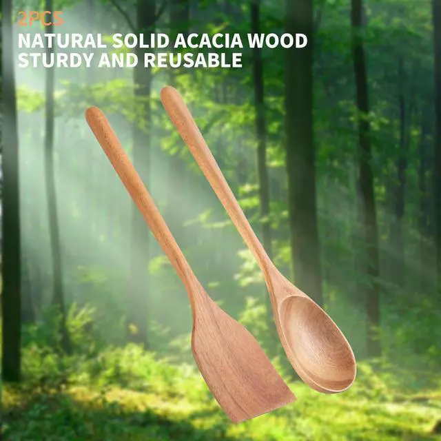 Alt view image 6 of 6 - 2PCS Long Handle Gigantic Spatula Spoon Premium Acacia Wooden Spoons For Cooking 17''Large Soliod Wooden Cooking Spoons Smooth Finish in Large Style Cooking Kitchen Utensil Set