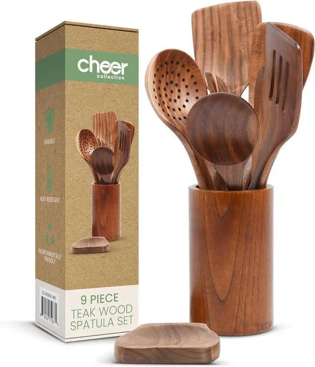 Main image of Cheer Collection Wooden Utensil Set - 9 Piece Cooking Utensils with Holder, Premium Taek Wood Spoons & Spatulas for Cooking, Heat Resistant, Non-Stick, and Safe Wooden Cooking Utensils