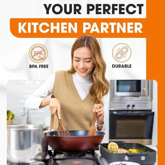 Alt view image 2 of 7 - Cheer Collection Wooden Utensil Set - 9 Piece Cooking Utensils with Holder, Premium Taek Wood Spoons & Spatulas for Cooking, Heat Resistant, Non-Stick, and Safe Wooden Cooking Utensils