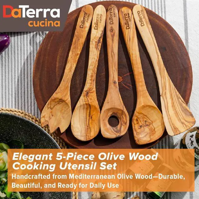 Alt view image 2 of 7 - 12-Inch Olive Wood Cooking Tools  5-Piece Wooden Kitchen Utensils Set with Spoons, Spatulas & Cooking Tools  Wood Kitchen Utensils Set for Cooking  Crafted Wood Essentials by DaTerra Cucina