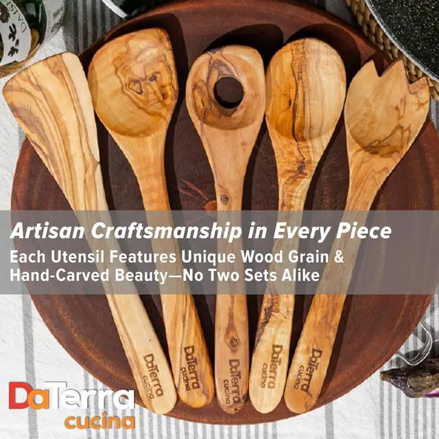 Alt view image 6 of 7 - 12-Inch Olive Wood Cooking Tools  5-Piece Wooden Kitchen Utensils Set with Spoons, Spatulas & Cooking Tools  Wood Kitchen Utensils Set for Cooking  Crafted Wood Essentials by DaTerra Cucina