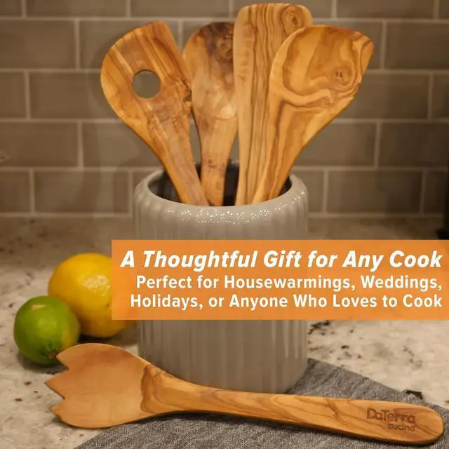 Alt view image 7 of 7 - 12-Inch Olive Wood Cooking Tools  5-Piece Wooden Kitchen Utensils Set with Spoons, Spatulas & Cooking Tools  Wood Kitchen Utensils Set for Cooking  Crafted Wood Essentials by DaTerra Cucina