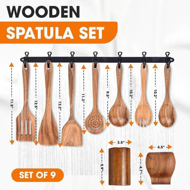 Alt view image 3 of 7 - Cheer Collection Wooden Utensil Set - 9 Piece Cooking Utensils with Holder, Premium Taek Wood Spoons & Spatulas for Cooking, Heat Resistant, Non-Stick, and Safe Wooden Cooking Utensils
