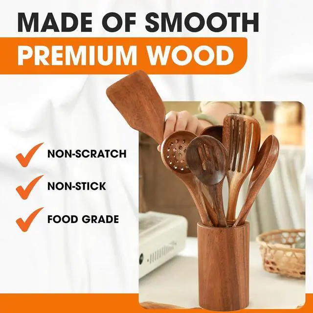 Alt view image 4 of 7 - Cheer Collection Wooden Utensil Set - 9 Piece Cooking Utensils with Holder, Premium Taek Wood Spoons & Spatulas for Cooking, Heat Resistant, Non-Stick, and Safe Wooden Cooking Utensils