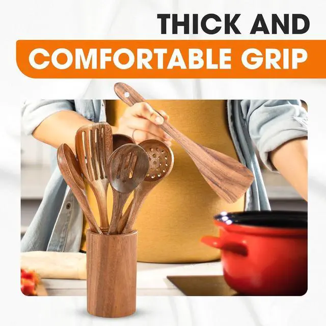 Alt view image 5 of 7 - Cheer Collection Wooden Utensil Set - 9 Piece Cooking Utensils with Holder, Premium Taek Wood Spoons & Spatulas for Cooking, Heat Resistant, Non-Stick, and Safe Wooden Cooking Utensils