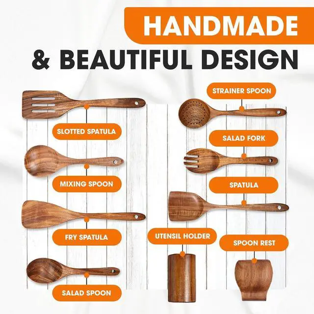 Alt view image 6 of 7 - Cheer Collection Wooden Utensil Set - 9 Piece Cooking Utensils with Holder, Premium Taek Wood Spoons & Spatulas for Cooking, Heat Resistant, Non-Stick, and Safe Wooden Cooking Utensils