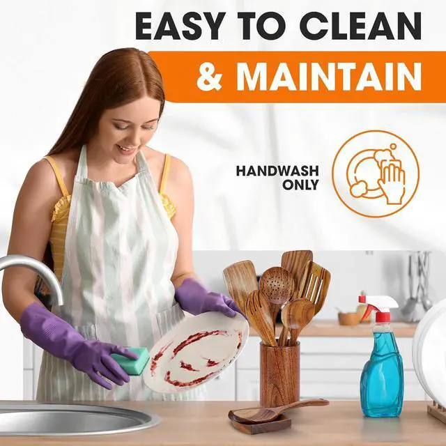 Alt view image 7 of 7 - Cheer Collection Wooden Utensil Set - 9 Piece Cooking Utensils with Holder, Premium Taek Wood Spoons & Spatulas for Cooking, Heat Resistant, Non-Stick, and Safe Wooden Cooking Utensils