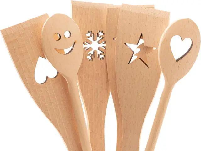 Alt view image 3 of 7 - tuuli Kitchen - 6-Piece Wooden Cooking Utensils Set, Specially Designed Solid Beechwood Wooden Spoons and Wood Spatula with Motiv, Durable Wooden Utensils for Everyday Use