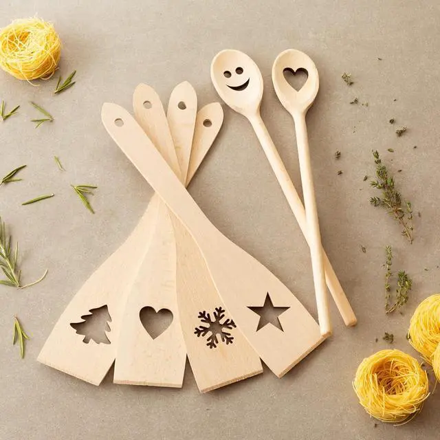 Alt view image 4 of 7 - tuuli Kitchen - 6-Piece Wooden Cooking Utensils Set, Specially Designed Solid Beechwood Wooden Spoons and Wood Spatula with Motiv, Durable Wooden Utensils for Everyday Use