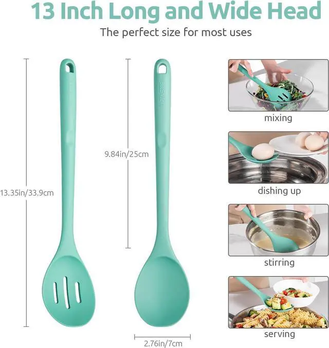 Alt view image 2 of 7 - 600ºF Heat Resistant Silicone Spoons: U-Taste 13.3in Solid & Slotted Kitchen Cooking Tool, Nonstick Long Rubber Utensil, Sturdy for Mixing, Serving, Stirring, Frying, Basting (Aqua Sky, 2PCS)