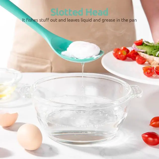 Alt view image 5 of 7 - 600ºF Heat Resistant Silicone Spoons: U-Taste 13.3in Solid & Slotted Kitchen Cooking Tool, Nonstick Long Rubber Utensil, Sturdy for Mixing, Serving, Stirring, Frying, Basting (Aqua Sky, 2PCS)