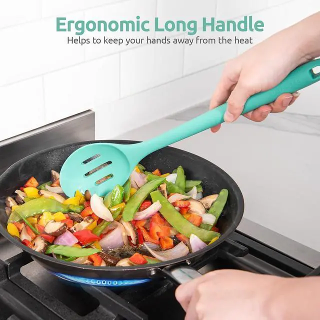 Alt view image 7 of 7 - 600ºF Heat Resistant Silicone Spoons: U-Taste 13.3in Solid & Slotted Kitchen Cooking Tool, Nonstick Long Rubber Utensil, Sturdy for Mixing, Serving, Stirring, Frying, Basting (Aqua Sky, 2PCS)
