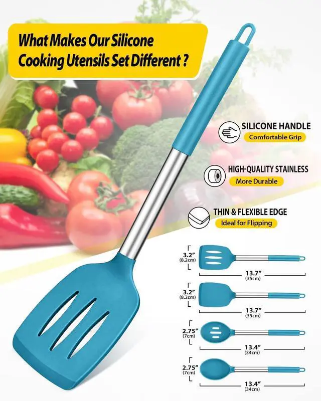 Alt view image 2 of 7 - Pack of 4 Silicone Cooking Utensils Set, Non Stick Large Solid Spatulas, Heat Resistant Blue Slotted Spoons, Ideal BPA Free Kitchen Turners for Frying, Mixing,Serving,Draining,Turning,Stirring