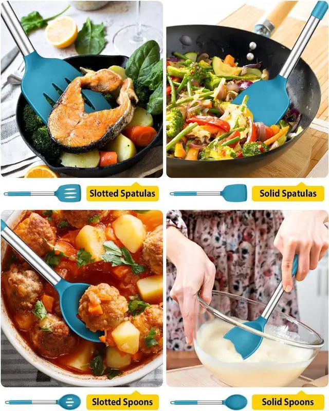 Alt view image 3 of 7 - Pack of 4 Silicone Cooking Utensils Set, Non Stick Large Solid Spatulas, Heat Resistant Blue Slotted Spoons, Ideal BPA Free Kitchen Turners for Frying, Mixing,Serving,Draining,Turning,Stirring