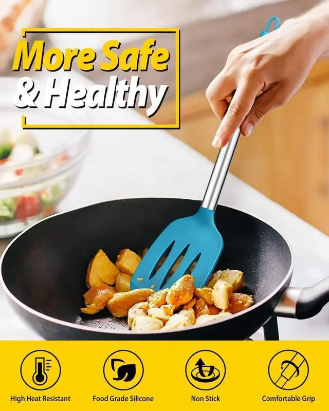 Alt view image 4 of 7 - Pack of 4 Silicone Cooking Utensils Set, Non Stick Large Solid Spatulas, Heat Resistant Blue Slotted Spoons, Ideal BPA Free Kitchen Turners for Frying, Mixing,Serving,Draining,Turning,Stirring