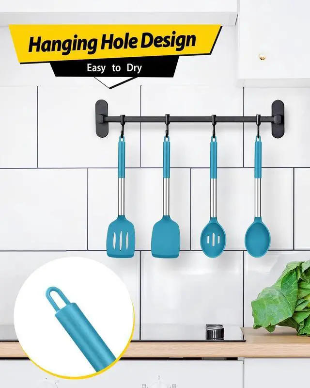 Alt view image 6 of 7 - Pack of 4 Silicone Cooking Utensils Set, Non Stick Large Solid Spatulas, Heat Resistant Blue Slotted Spoons, Ideal BPA Free Kitchen Turners for Frying, Mixing,Serving,Draining,Turning,Stirring