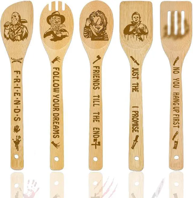 Main image of Horror Movie Merchandise Decor Halloween Gifts Wooden Spoons for Cooking, Natural Bamboo Kitchen Decorations Set 5 Pack for Women Man Birthday Fan Lover Gift Holiday Scary Party Accessory