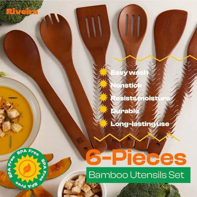 Alt view image 3 of 7 - Riveira Premium Brown Bamboo Wooden Spoons for Cooking Set of 6  Premium Brown Bamboo Wooden Cooking Utensils, Wooden Spatula, Wooden Spoon - Premium Quality Wooden Utensil Set for Non-Toxic Cooking
