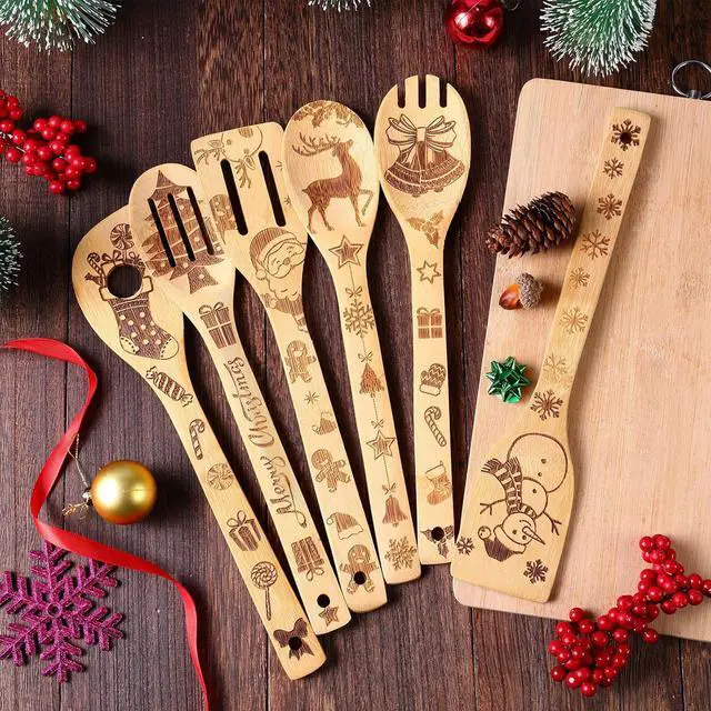 Alt view image 3 of 7 - 6 Pieces Christmas Wooden Spoons Set Burned Cooking Utensil Spoon Kitchen Spoon Decoration for Christmas Party House Kitchen Supplies