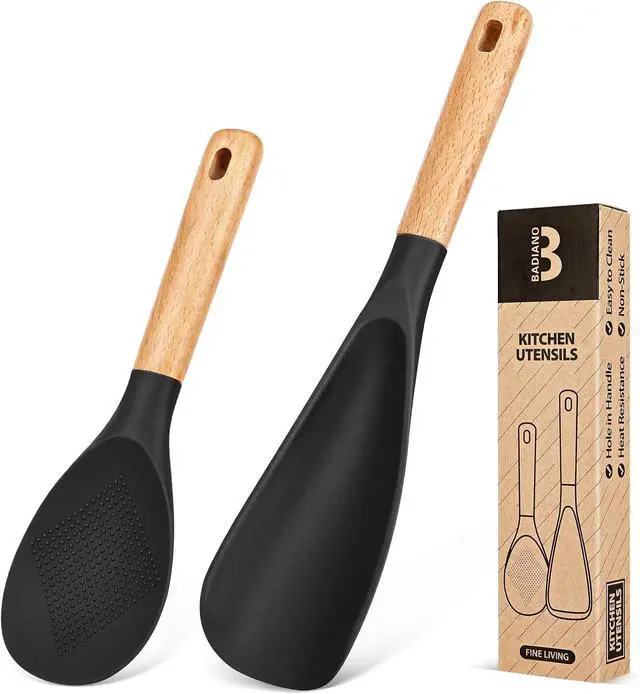 Main image of Cooking Spoon and Rice Scooper for Nonstick Cookwares, Great for Cooking and Serving Sturdy BPA-Free Matte Silicone, Wood Handle Spoon for Mixing, Scoop, and Scrape (Black)